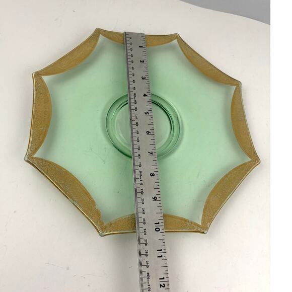 VTG Green Depression Octagon Glass Plate Glassware Floral Gold Trim - Picture 10 of 12